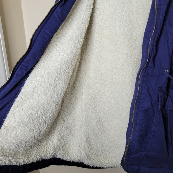 Gap Winter Parka Coat Navy Blue Faux Fur Hood Size S Sherpa Jacket - Picture 4 of 9